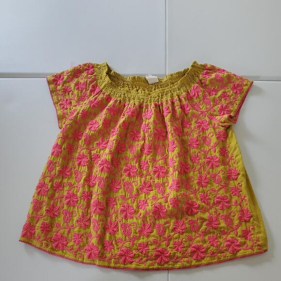 Sister Mary Shirt Womens Large Yellow Pink Embroidered Boho Peasant Top Smocked - Picture 1 of 7